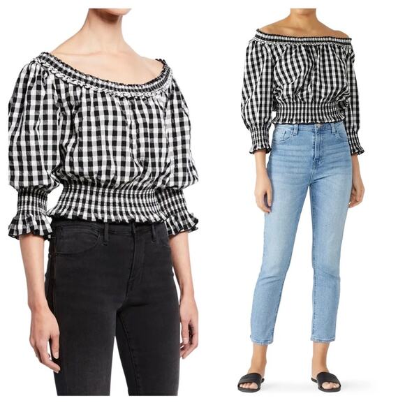 Tanya Taylor The Crista Black Gingham 3/4 Off Shoulder Puff Sleeve Top Small - Picture 1 of 15